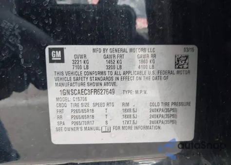 2015 Chevrolet Tahoe Ls из США, поврежденный, VIN 1GNSCAEC3FR627649